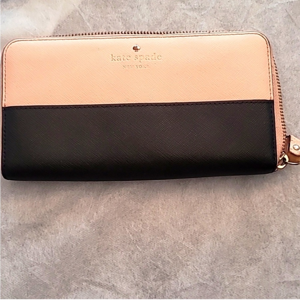 Kate spade leather wallet, pink and black leather, polka dot nylon interior